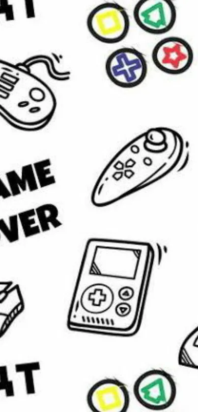 Retro gaming wallpaper with controllers and consoles on a white background.