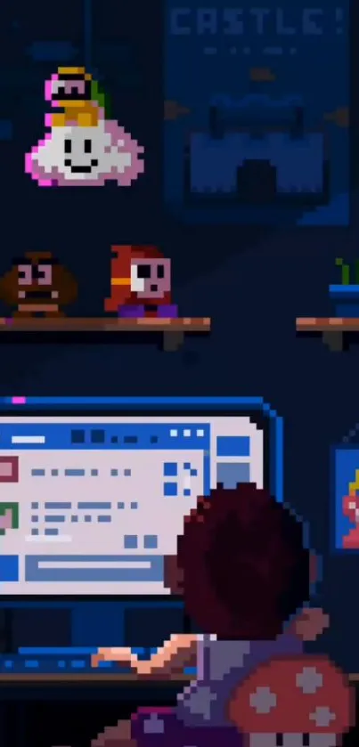 Pixel art wallpaper with retro gaming theme.