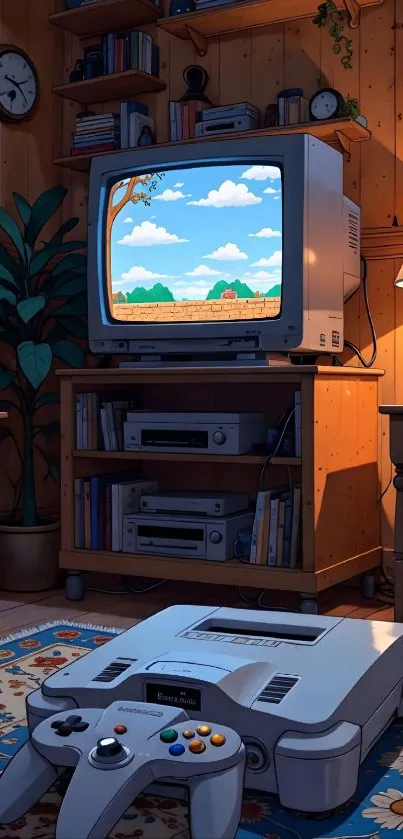 Cozy retro gaming room with console and television showcasing pixel art.