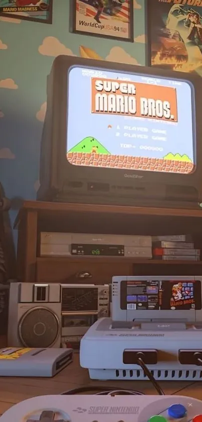 Retro gaming setup with vintage console and TV showcasing Super Mario Bros.
