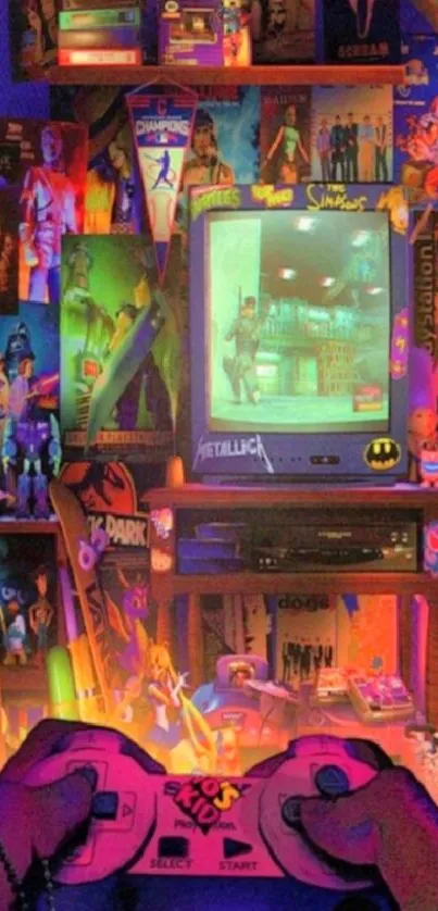 Retro gaming room with posters and vintage console.