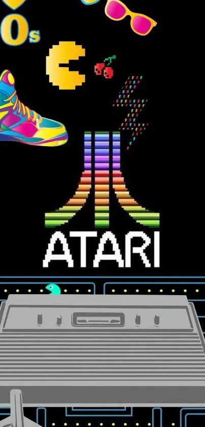 Colorful retro gaming wallpaper with Atari and 80s symbols.