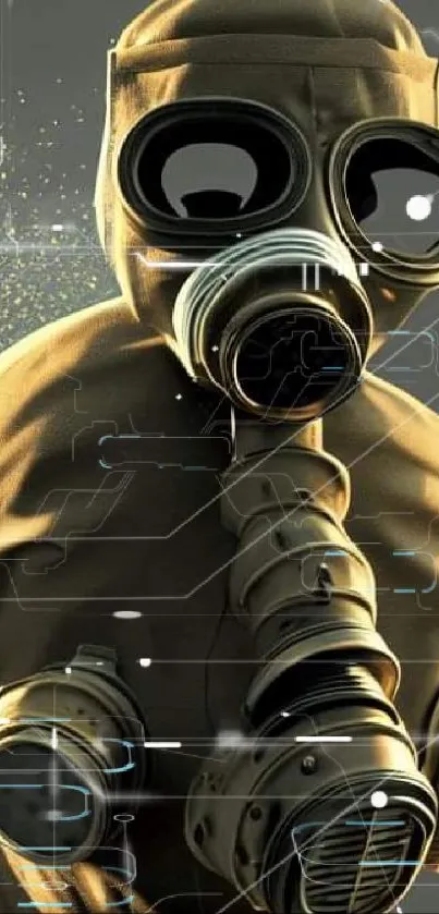 A person wearing a vintage gas mask in an olive green themed wallpaper.