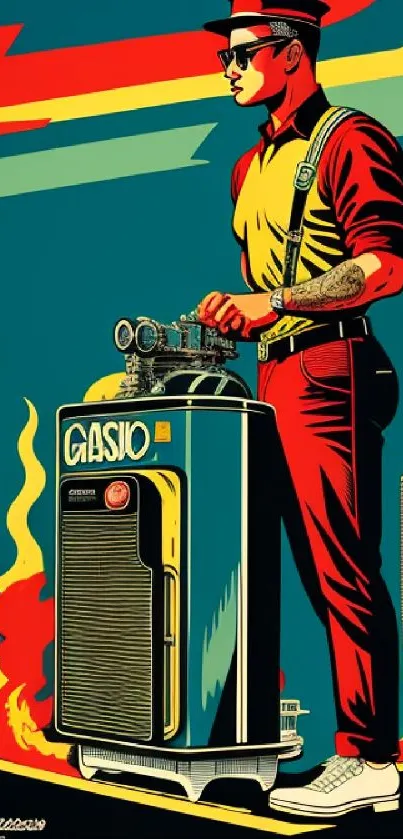 Retro artwork of a gas station attendant with a cityscape background.