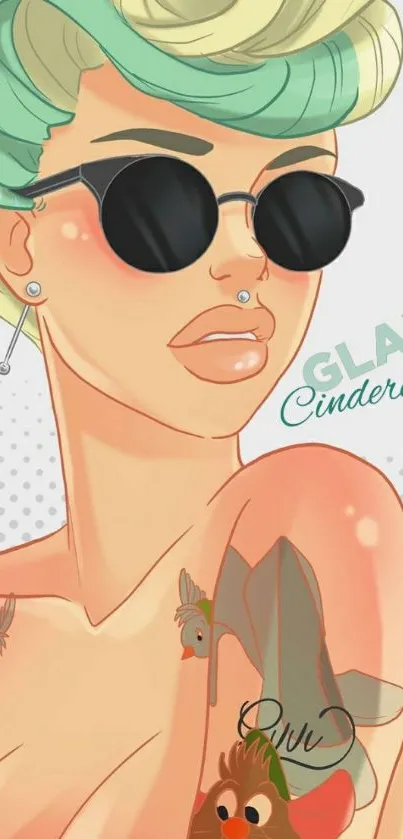 Retro Cinderella with tattoos and sunglasses, chic style art.