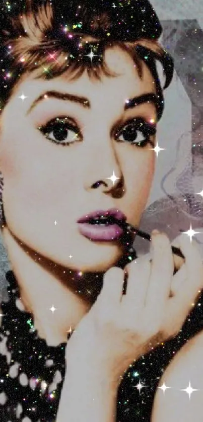 Retro Hollywood actress with galaxy sparkle overlay.