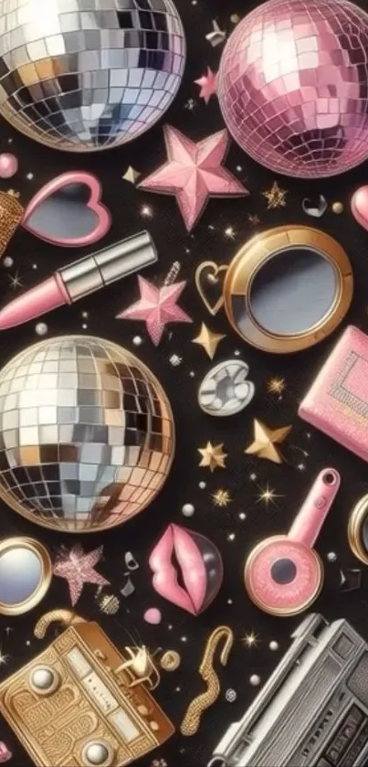 Retro glam wallpaper with disco balls and makeup elements.