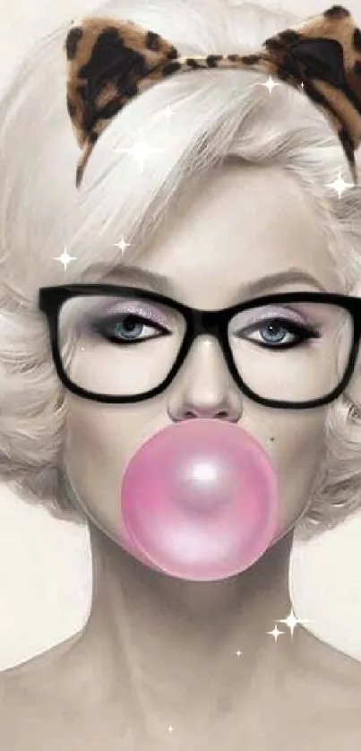 Vintage-style woman with bubble gum, cat ears, and glasses on a retro wallpaper.