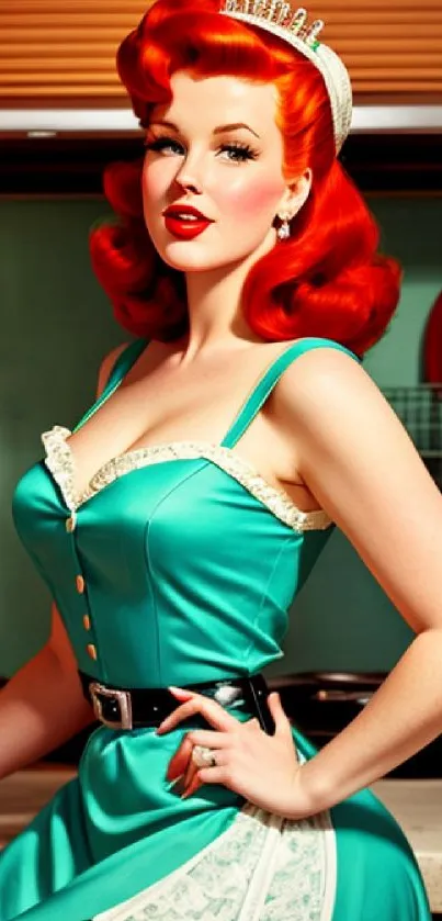 Retro-inspired woman in teal dress, vibrant mobile wallpaper.