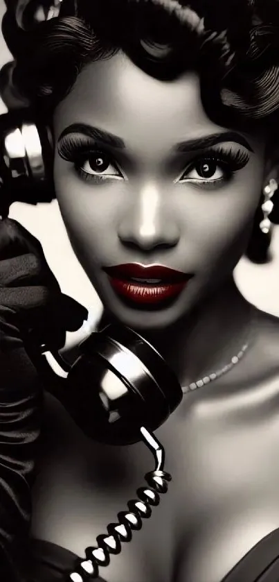 A glamorous woman with vintage hairstyle holding a retro phone, exuding classic elegance.