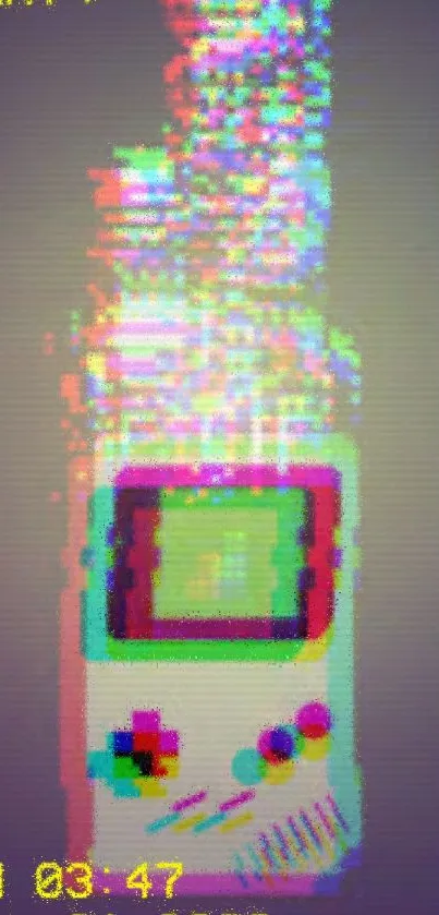 Retro glitch Gameboy wallpaper with vibrant colors and pixel art style.