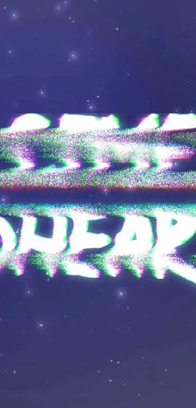 Retro glitch text wallpaper with neon colors and distortion effect.