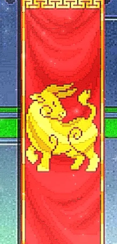 Retro wallpaper with a golden dragon on a red banner.