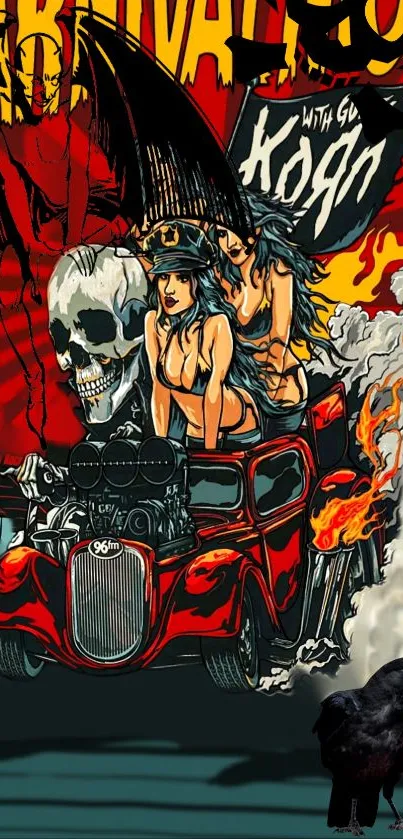 Retro graphic wallpaper with a fiery hot rod and skull theme.