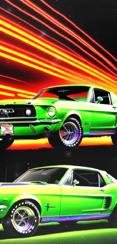 Green retro muscle car with orange light streaks on a black background.