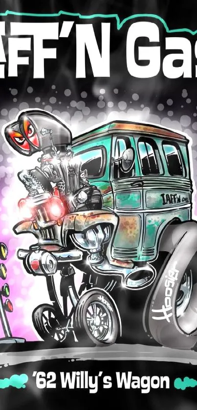 Illustration of a '62 Willys Wagon with a retro hotrod vibe.