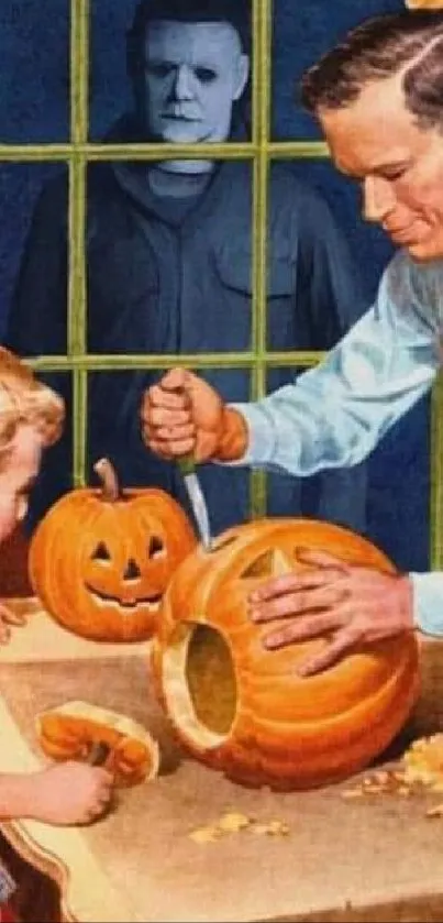 Retro illustration of a family carving pumpkins with a spooky figure outside the window.