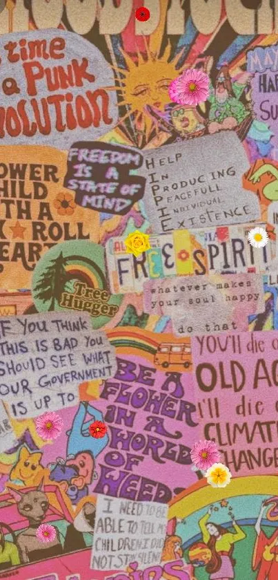 Colorful retro hippie collage wallpaper for phones.