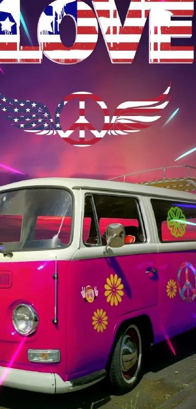 Pink retro hippie van with peace symbols and vibrant design.