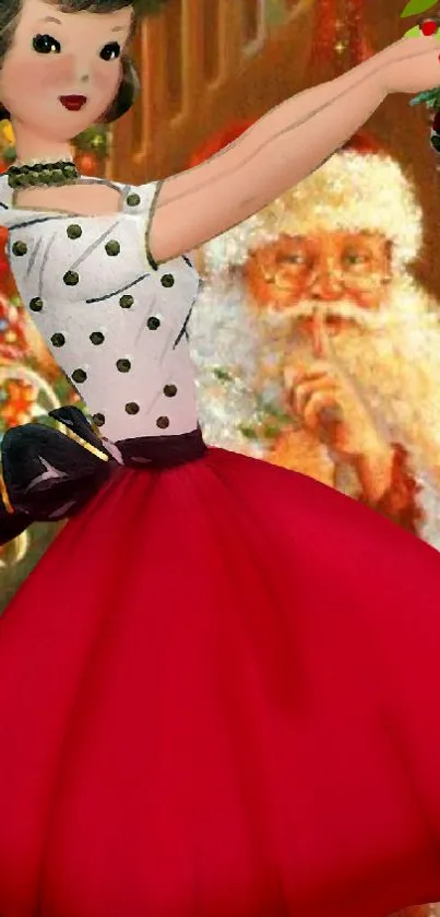 Retro holiday wallpaper with Santa and woman in polka dot dress.