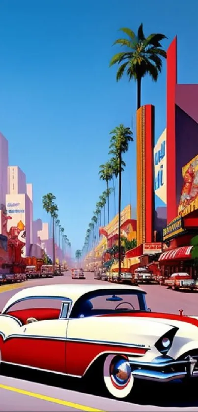 Retro car cruising down a sunny Hollywood boulevard with vintage flair.