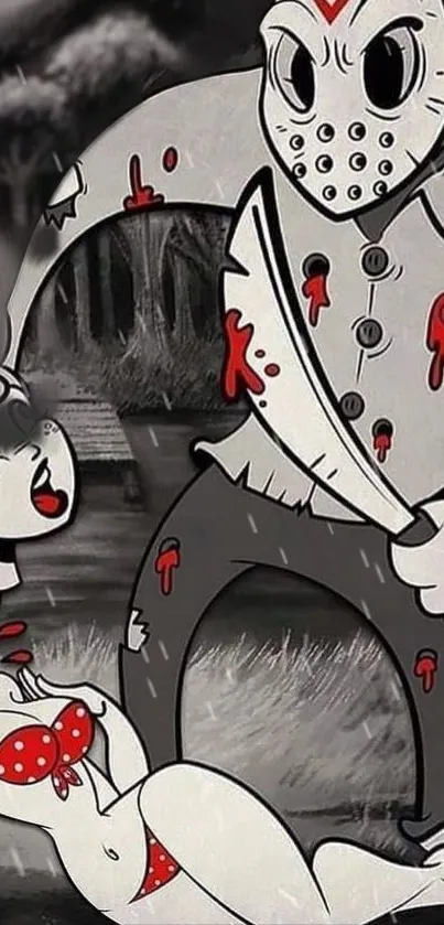 Retro horror cartoon wallpaper with monochrome tones and red accents.