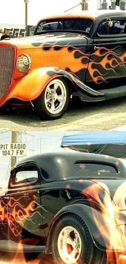 Retro hot rod car with orange flames on a sunny day.