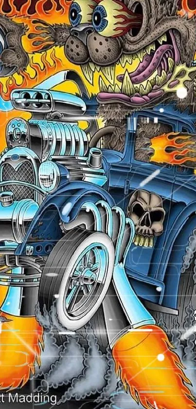 Colorful retro hot rod with flames and cartoon characters.