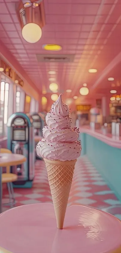 Ice cream cone in a retro pink diner setting, creating a nostalgic ambiance.