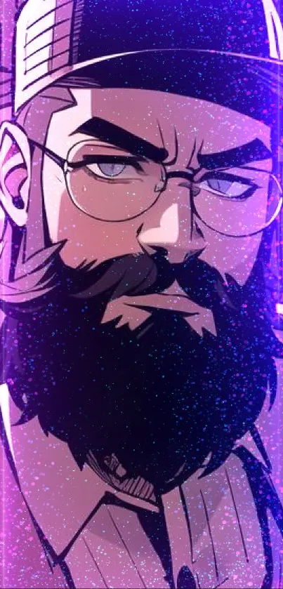 Retro-style illustration of a bearded man with a cap, glasses, and indoor background.