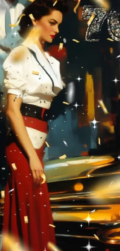 Retro-inspired art of a woman in vintage attire with a dynamic color palette.