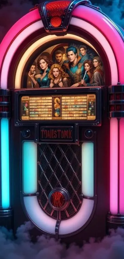 Colorful neon jukebox with vintage design and glowing lights.