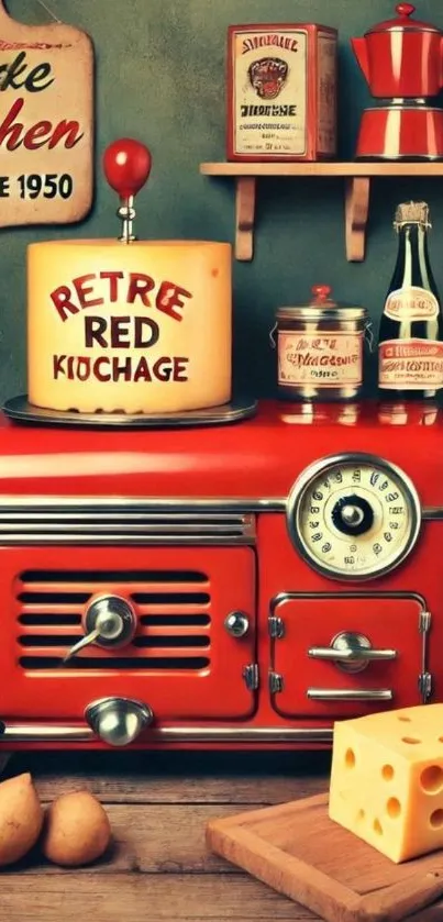 Retro kitchen wallpaper featuring vintage appliances and cheese.