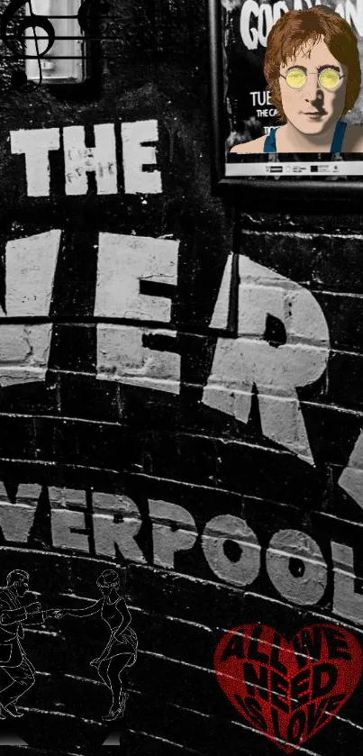 Black and white retro mural of Liverpool with music themes and artistic elements.