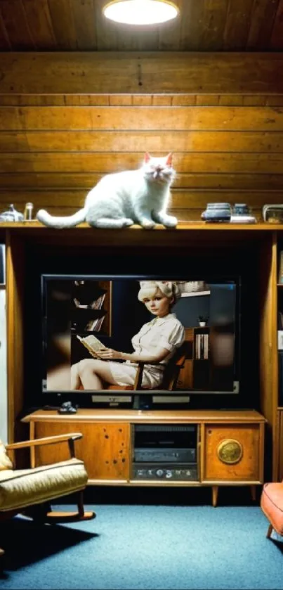 Retro living room with cats atop furniture and wooden decor.