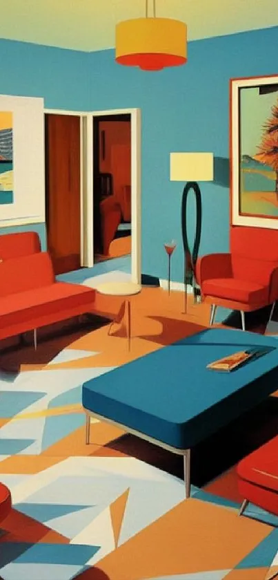 Vibrant retro living room art wallpaper in bold teal and red colors.