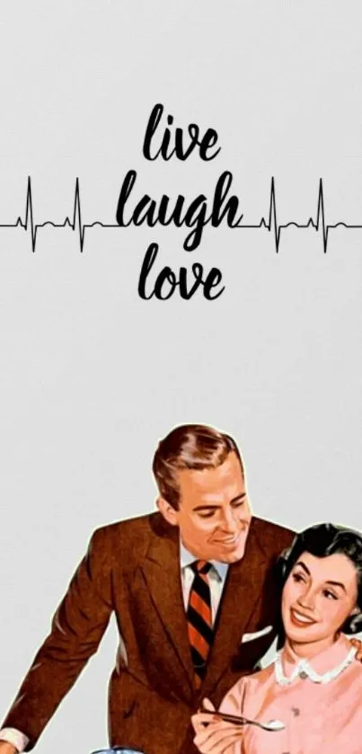 Vintage couple with 'Live Laugh Love' quote in retro style wallpaper.