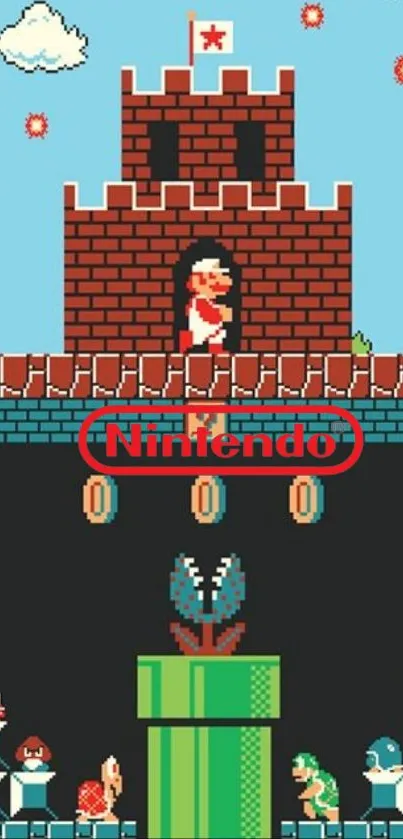 Retro Mario brick castle scene with vibrant colors and characters.
