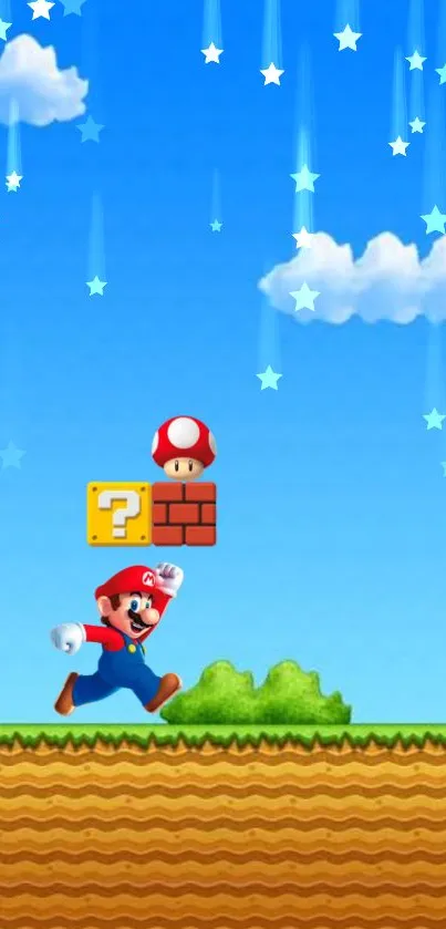 Retro mobile wallpaper featuring Mario jumping with clouds and stars.