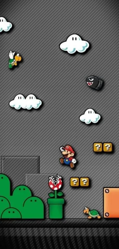 Colorful Mario-themed mobile wallpaper with classic game elements.