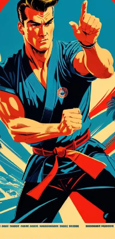 Retro martial arts poster wallpaper featuring a dynamic fighter in action.