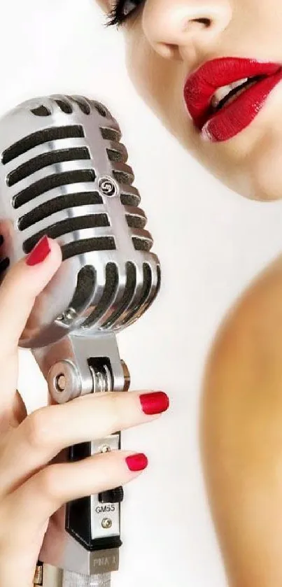 Elegant retro microphone with red lips in focus.