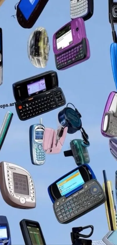 Collage of retro mobile phones floating in a blue sky background.