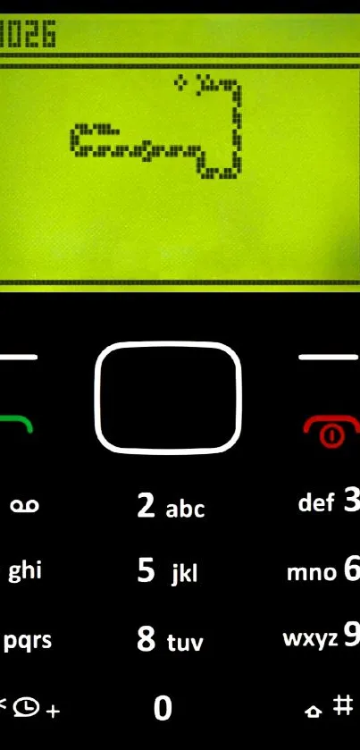 Retro style mobile phone with Snake game on screen, black and yellow-green colors.