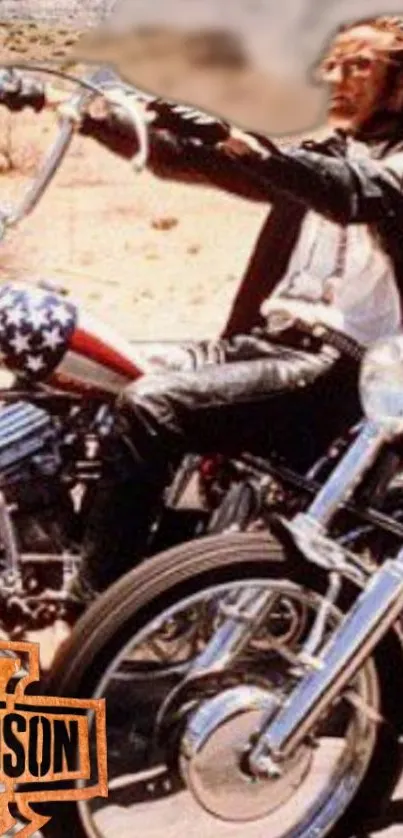 Retro motorcycle rider in a desert with a classic Harley.