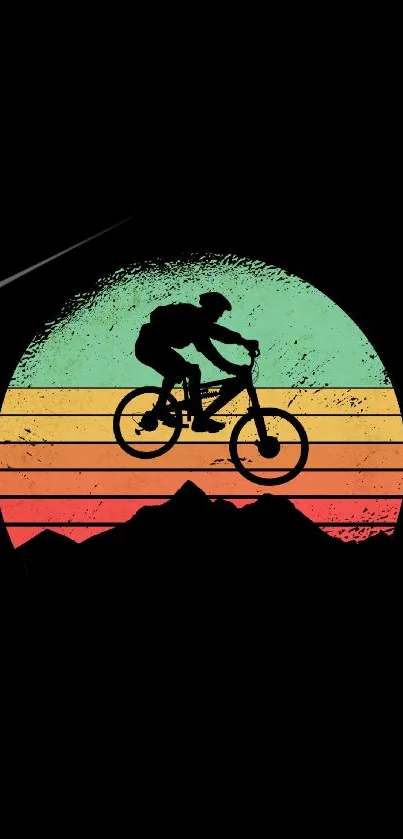 Retro mountain biking wallpaper with cyclist silhouette on a colorful backdrop.