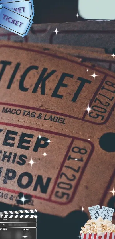 Retro movie night wallpaper with vintage tickets and sparkling accents.