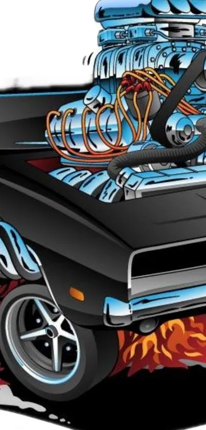 Dynamic retro muscle car wallpaper in cartoon style with flames.