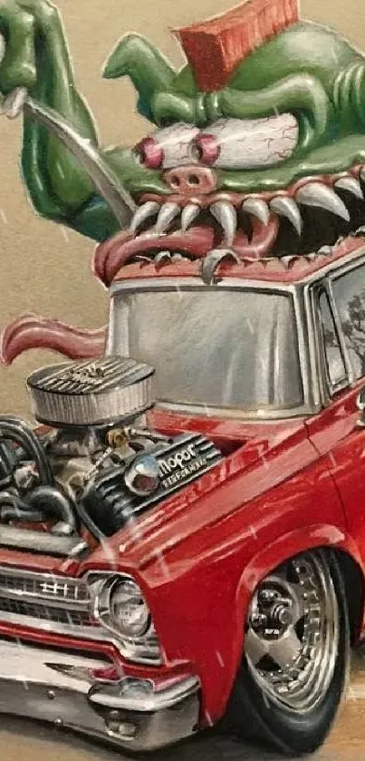 Illustration of a retro muscle car with a whimsical green monster.