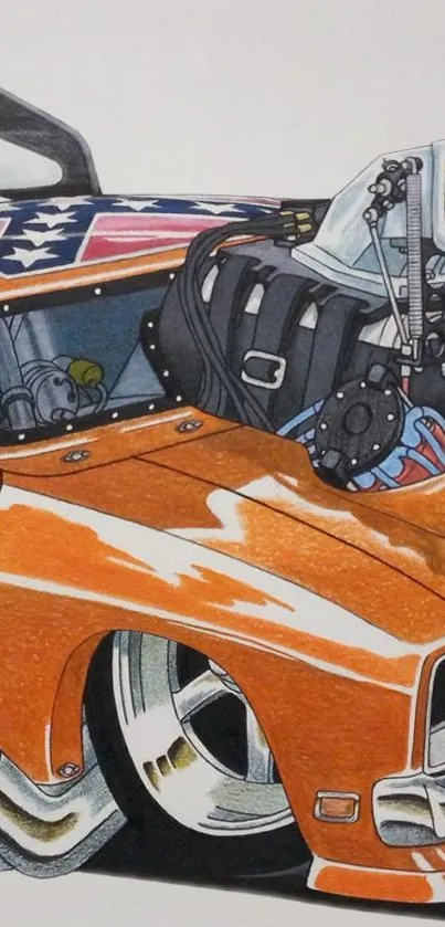 Illustration of a detailed retro muscle car with bold orange colors and intricate design.